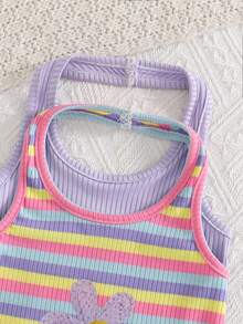 SHEIN Playful Pals 2件套女婴休闲运动街头时尚彩色条纹3D印花无袖连衣裙，适合春夏外出穿着 - 彩色 - 查看 7