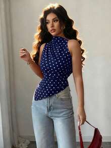 Rafferiza Tank Top Wanita Motif Polkadot Merah dengan Hem Asimetris dan Potongan Pas Badan - Navy Blue - View 6