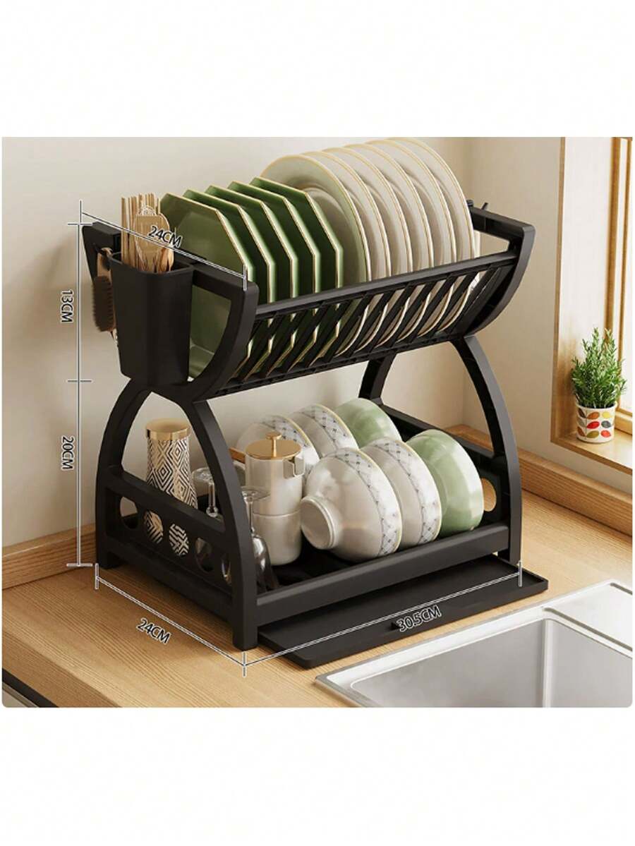 1 buah Rak Penyimpanan Dapur Plastik untuk Piring dan Mangkuk, Rak Pengeringan, Lemari Piring Multifungsi, Kotak Penyimpanan Piring, Sumpit, Pisau, Rak Peralatan Makan Dua Lapis - MultiWarna - View 1