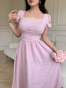 Feyla Women's Solid Color Lace Ruffle Elegant Waist Midi Dress, Suitable For Dates And Parties - Baby Pink - View 6