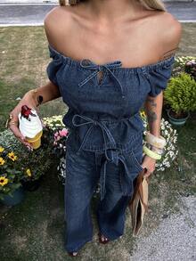 DAZY Women's Summer Off Shoulder Short Sleeve Tie-Up Denim Top And Loose Wide-Leg Pants Casual Vacation Denim Set - Dark Wash - View 3