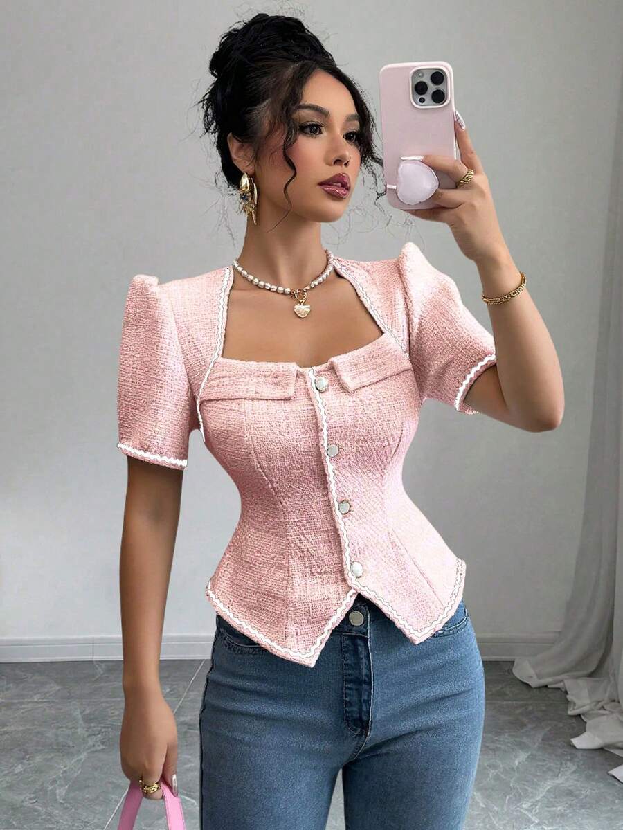 Selianne 女士优雅修身提花撞色波浪缎带短袖衬衫,女士优雅套装上衣,夏季可爱上衣,优雅高贵束身衣套装,女士束身衣商务休闲上衣,女士新款上衣,女士套装,女士束身衣衬衫,新款优雅休闲 - 粉色 - 查看 1