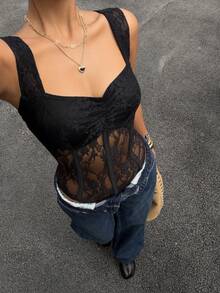 Muchica 女士黑色蕾丝连体衣 - 黑色 - 查看 3