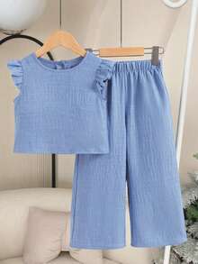 Elladie kids 女童（小号）纹理面料短袖T恤，后背纽扣设计，搭配休闲长裤套装 - 淺藍色 - 查看 2