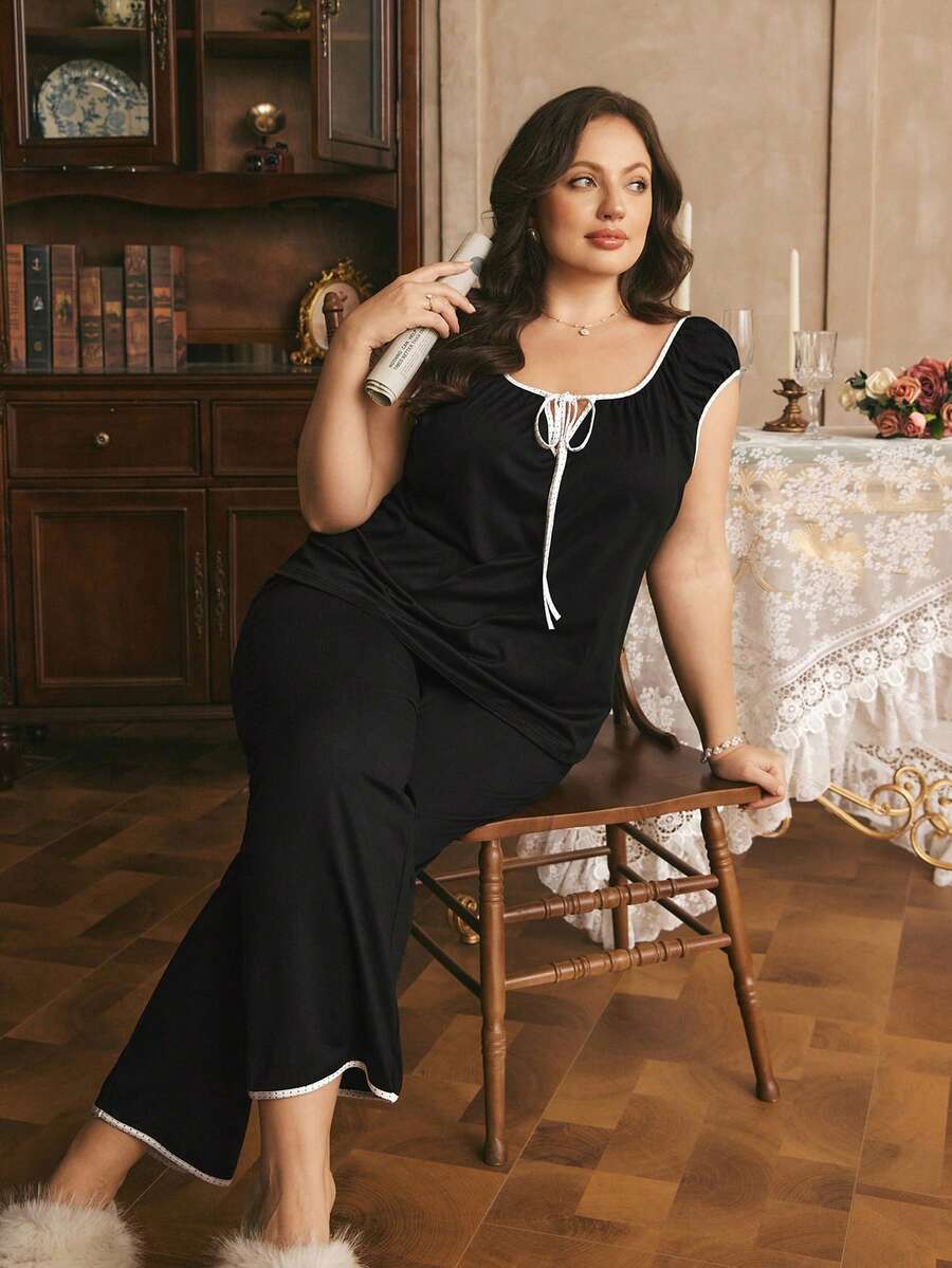 Côtesoire Plus Size Women's Black Notched Collar Contrast Polka Dot Print Decor Front Tie Faux Drawstring Design Soft Comfortable Milk Silk Fabric Hooded Long Pants, Cute Casual Loungewear Set Suitable For Everyday Wear - Black - View 1