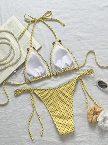 Swim Mod 2pcs/Set Brown And Yellow Polka Dot Bikini,Summer Cute Retro Vintage Beach Holiday Ruffle Bow Halter Triangle Top Side Tie Bathing Suit - Yellow - View 3