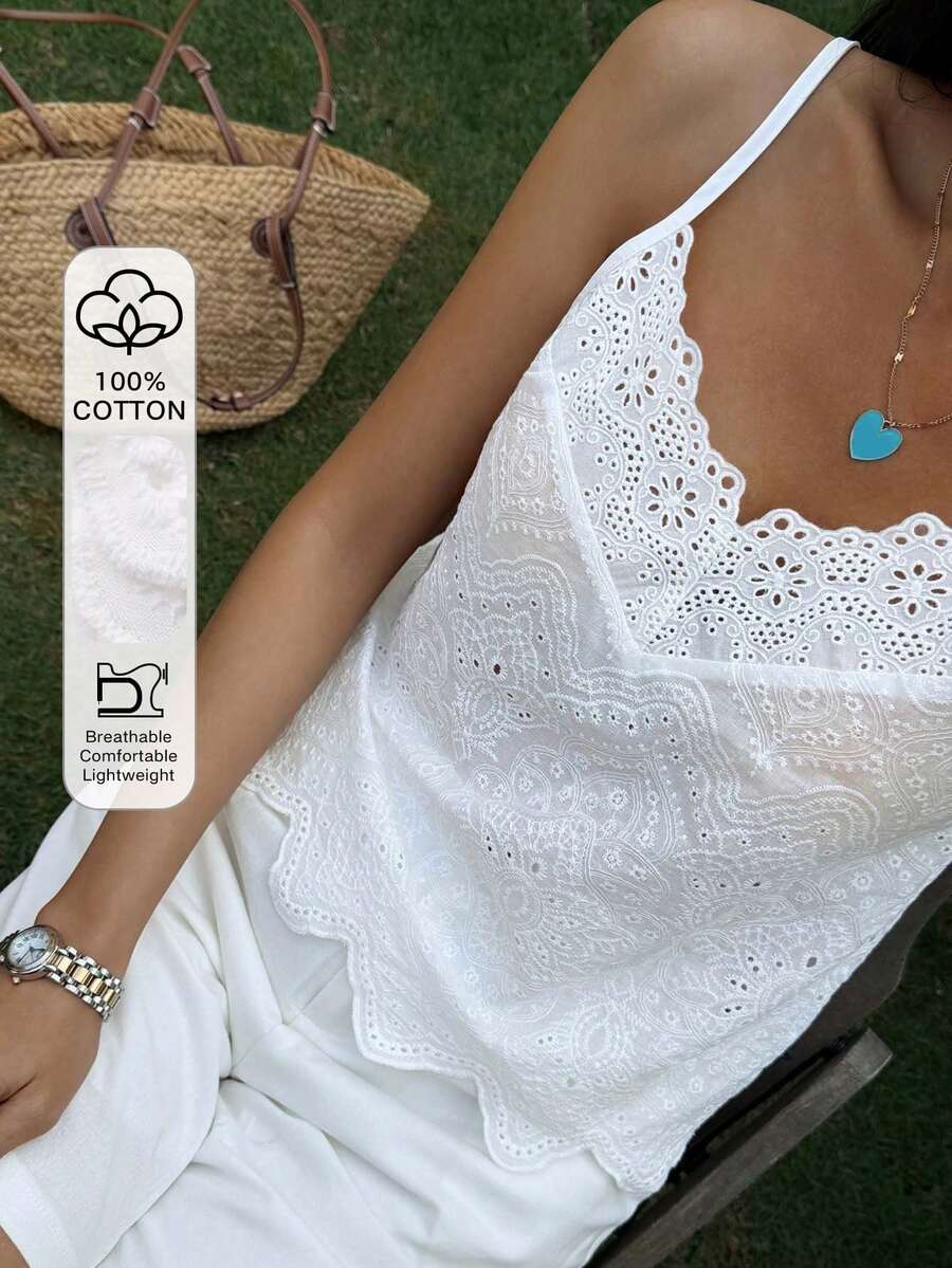 Women's 100% Cotton White Beach Vacation Tank Top, Summer Boho - White - View 1