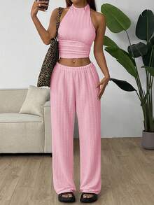 SHEIN EZwear 女士粉色针织露背吊带上衣和裤子休闲套装 女士度假套装 女士夏季两件套 女士两件套 女士夏季套装 女士两件套休闲装 - 粉色 - 查看 6