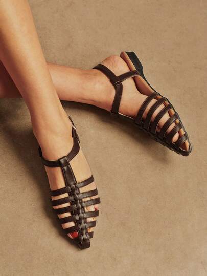 Rosivie New Roman Style Light Luxury Metal Feeling Hollow Weaving Roman Comfortable Women's Sandals Pointed Flat Bottom One-Word Buckle Sandals Summer Seaside Vacation Shoes Valentine's Day