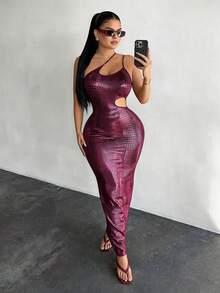 SHEIN SXY 女士露肩仿鳄鱼纹紧身连衣裙 - 淺粉色 - 查看 4