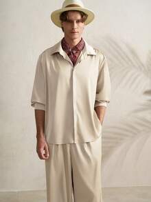 Airaco Bộ vest nam màu trơn, tay dài, cài một hàng khuy, gồm áo sơ mi và quần dài, kiểu dáng thường ngày. - Màu be - Xem 4