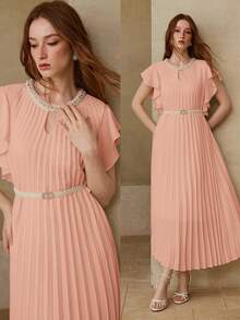 MOTF PREMIUM WOMEN'S ELEGANT DATE PLEATED RHINESTONE TRIM SHORT SLEEVE LONG DRESS, SPRING/SUMMER - Pink - View 5