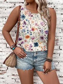 EMERY ROSE Camiseta de tirantes con cuello redondo y estampado floral romántico casual, talla grande para el verano - Multicolor - Ver 4