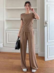 DAZY 2pcs/Set Women Solid Color Pleated T-Shirt And Wide Leg Pants Summer Lounge Sets For Women - Mocha Brown - View 5