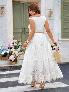 Breezaya Plus Size Women's Hollow Embroidered Skirt, White Long Skirt, High Waist Elastic Long Pleated Skirt, Bohemian Style Dress, Sundress, Beach Outfit, Spring/Summer Clothing - White - View 3