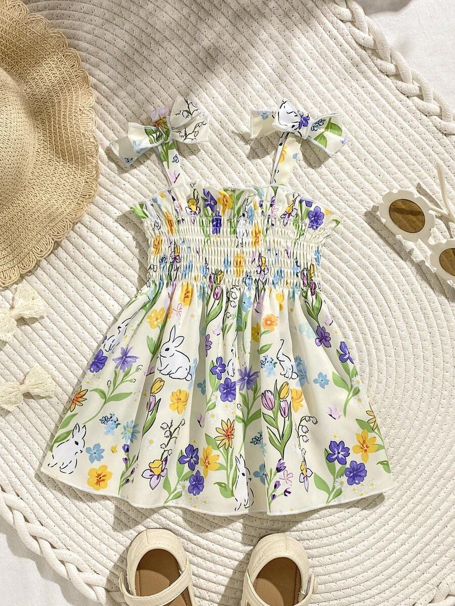 SHEIN Playful Pals Đầm midi xếp ly không tay nhiều màu sắc cho bé gái, kiểu dáng công chúa giản dị, phù hợp cho kỳ nghỉ và các buổi tụ họp. - Nhiều màu - Xem 1