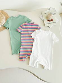 3pcs Newborn Baby Girl Cute Knitted Colorful Striped Floral Pattern Short Sleeve Romper Set, Summer - Multicolor - View 2
