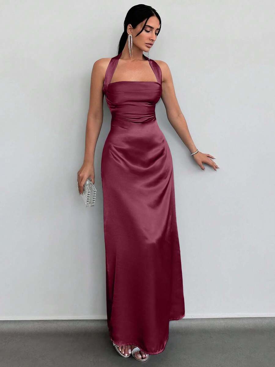 EURMUSE Women's Elegant Party Halter Neck Ruched Backless Long Dress, Summer - Burgundy - View 1