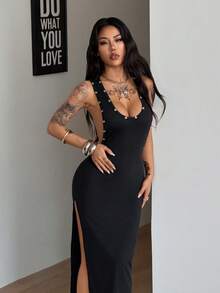 Coolane 女士春夏街头风时尚Y2K朋克弹力金属孔眼黑色无袖优雅长裙 - 黑色 - 查看 1