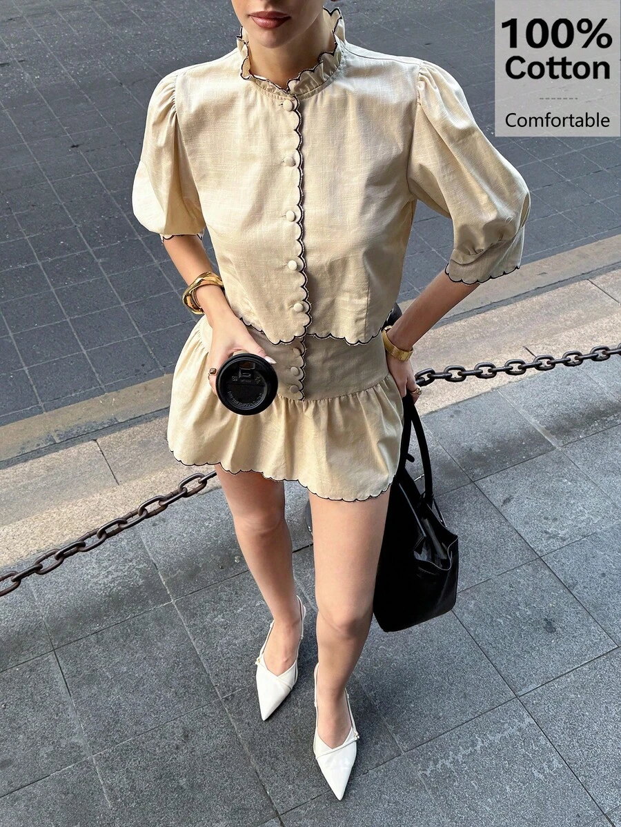 女士日常两件套服装，夏季连衣裙，100%纯棉米黄色度假套装，毕业礼服，棉麻两件套休闲冬季套装 - 杏色 - 查看 1