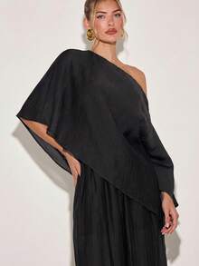 COSMINA Completo da donna composto da camicia con spalla asimmetrica e maniche a pipistrello e pantaloni a gamba ampia, colore tinta unita, top con spalla obliqua e collo scialle, tessuto plissettato, elegante set da , abbigliamento casual, elegante per vacanze, primavera/estate - nero - Visualizzare 6