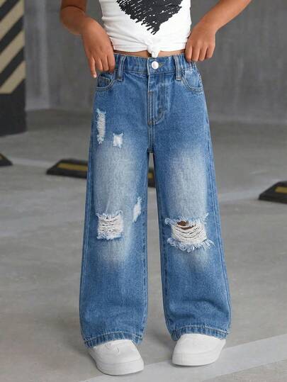 Sparklyn Girls' Loose Fit Distressed Denim Jeans, Casual Relaxed Straight Leg Pants, Comfortable Elastic Waist, Suitable For Summer, Versatile For Vacation, Music Festival, School, Commute, Party And More