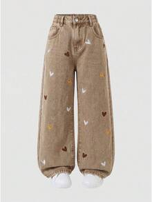 SHEIN ChillGRL 少女水洗杏色复古牛仔裤，心形刺绣设计，直筒阔腿休闲牛仔裤，适合夏季穿着 - 卡其色 - 查看 4