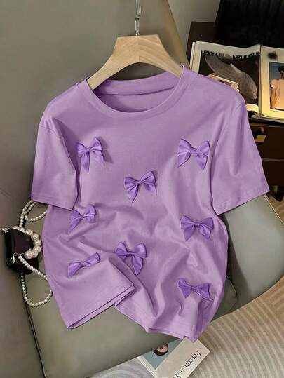 Resyla 女士休闲H型圆领3D蝴蝶结短袖粉色T恤，夏季款