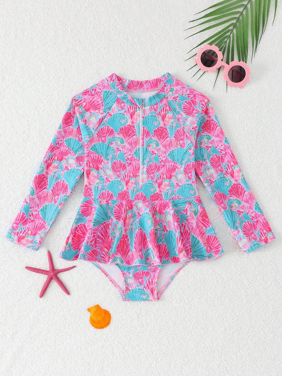 Sparklyn Maiô infantil de uma peça, com estampa de conchas, tecido de malha, manga longa, proteção solar, zíper, estilo macacão com shorts triangulares. Elegante e moderno, perfeito para natação, férias de verão, praia, piscina e festas.