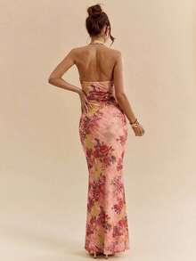 SHEIN BAE 女士优雅印花露背连衣裙，粉色碎花连衣裙，优雅连衣裙，度假连衣裙，伴娘礼服，生日派对礼服，返校/毕业礼服 - 粉色 - 查看 2