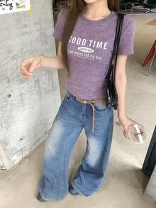 DAZY Women's Casual Letter Print Round Neck Short Sleeve T-Shirt, Summer Graphic Tees Women - Purple - View 4