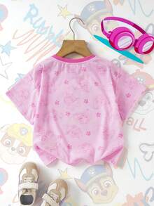SHEIN | PAW Patrol Young Girl Letter & Cartoon Dog Print Short Sleeve T-Shirt - Pink - View 3