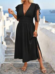 Breezaya Plus Size Women's Vacation Solid Color Deep V-Neck Ruffle Sleeve Sexy Dress - Black - View 7