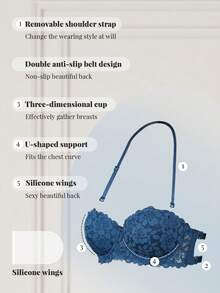 1pc Lace Backless Underwire Bra, Small Bust Enhancing Seamless Strapless Camisole Bra - Blue - View 3
