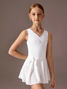 Tween Girls Ballet Leotard & Skirt Set, White Sleeveless High Stretch Leotard With Pleated Bust Design Paired With Soft Chiffon Skirt - White - View 3