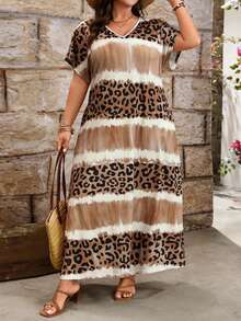 EMERY ROSE Women's Plus Size Leopard & Stripe Print Slit Maxi Short Sleeve Dress,White,Summer,Boho,Vacation,Holiday Elegant Beach Outfits For Woman Plus Size - Brown - View 5