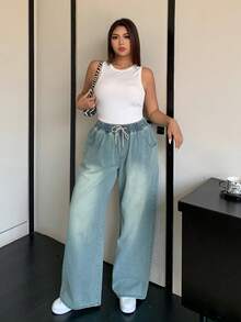 Dazy Plus Plus Size Elastic Waist Drawstring Tie Loose Wide Leg Vintage Washed Faded Long Denim Jeans, All Season,Baggy Jeans - Light Wash - View 4