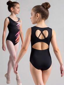 SHEIN Tween Girls' Casual Sports Gymnastics Yoga Shiny Elegant High Stretch Printed Hollow Back Camisole Jumpsuit, Black - Black - View 5