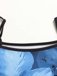 SHEIN Tween Girls' Casual Vacation Blue & Black Tropical Floral Print Sleeveless Dress, Spaghetti Strap Dress, Beach Vacation, Tropical Vacation - Blue - View 7