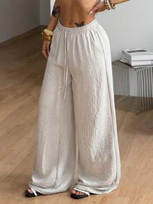 Coolane 卡其色梭织女式抽绳腰阔腿宽松裤 - 卡其色 - 查看 5