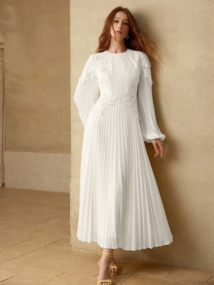 WOMEN'S ROMANTIC ELEGANT CONTRAST LACE PLEATED LONG DRESS, SPRING/SUMMER