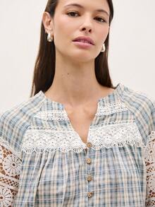 Nöista Lantern-Sleeved Top, Combining Lace And Plaid Fabric, Features Delicate Lace, A Slightly V-Neck, And Vintage Wooden Buttons, Making It A Perfect Choice For Spring/Summer Vacation Wear And Showcasing Feminine Elegance. - Blue - View 7