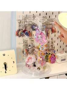 1pc Adjustable 2-Tier Rotating Key Holder Display Stand, Multifunctional Plastic Desktop Organizer Rack For Storing Keychains, Badges, Jewelry, Necklaces, Bracelets And Accessories - Multipurpose Collection And Prize Rack, Ideal For Valentine's Day, Sun Protection, Travel And Back To School - Clear - View 1