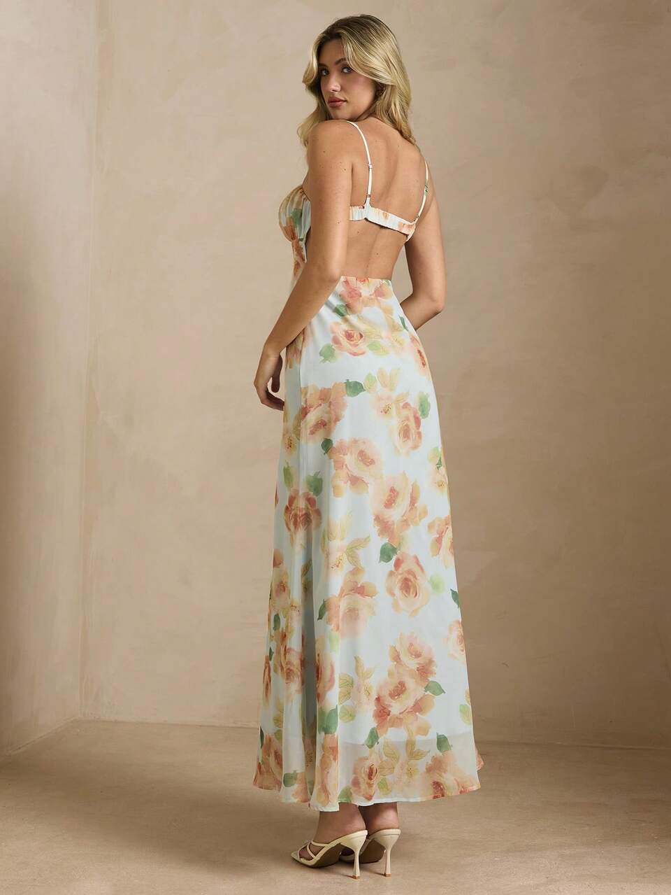 Enchnt Women's Light Blue Floral Mint Green Chiffon Spaghetti Strap Backless Maxi Dress,Summer Elegant Tea Party Holiday Sweet&Elegant Vacation