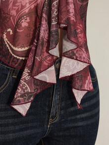 SHEIN ICON Plus Size Women Paisley Print Blue Green Ruffle Trim Camisole Top - Burgundy - View 11