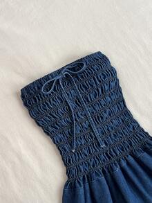 Elamini Women's Vacation Ruched Front Tie Denim Cami Dress - Blue - View 4