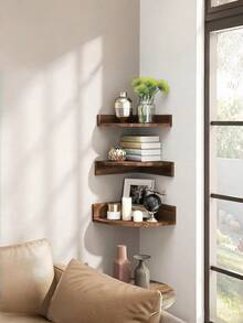 一套转角壁架，悬浮式转角壁架，转角架，转角架支架，储物架和搁板，木边悬浮式壁架，乡村风格木质壁挂式储物展示架，适用于客厅、卧室、浴室、厨房、秋季家居装饰、房间装饰 - 杏色 - 查看 4