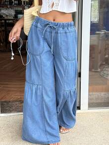 Sunnyshic Quần jeans ống rộng thoải mái dành cho nữ, thích hợp cho kỳ nghỉ. - Màu xanh lam - Xem 3