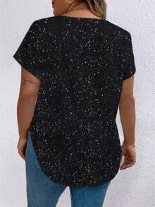 EMERY ROSE Silver-Plated Finish, Large-Sized Women's V-Neck Casual T-Shirt With A Curved Hemline And Overlay. - Black - View 2