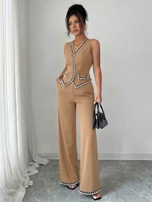 Selianne Women's Summer Elegant Office Camel Two Pieces Set,V-Neck Vintage Button Sleeveless Knitted Small Vest With Pocket Flap&Contrast Color Trim Hem Wear - Khaki - View 5